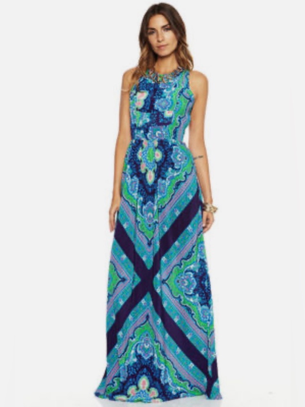 Lovers + Friends Blue Green Paisley - Scarf Kitty Cat Maxi Dress